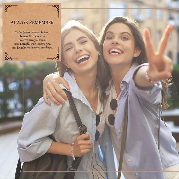 12-Piece Pink Natural Stone Beaded Bracelets with Inspirational Cards - Picture 4 of 6